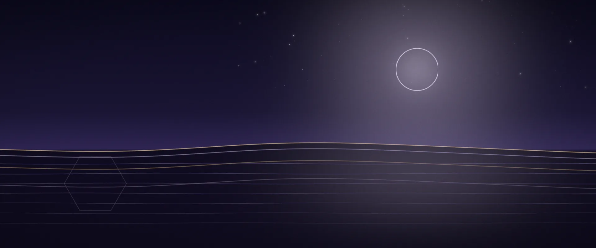 A long low hill line under a deep violet night sky, a thin pale full moon above it and fine lilac lines of light on the dark ground below.