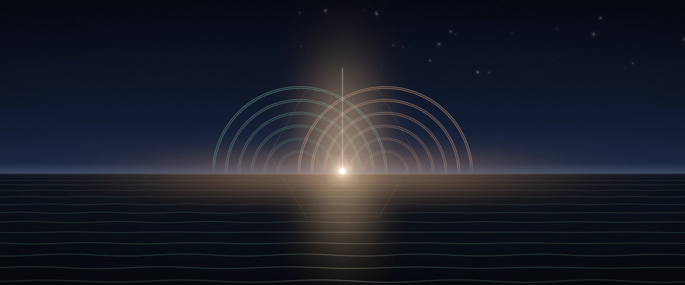 Dos cúpulas de líneas finas y luminosas, una verde pálido y otra albaricoque, que se elevan desde un horizonte nocturno en calma y se superponen, con una sola luz cálida y un haz fino que sube entre ellas.