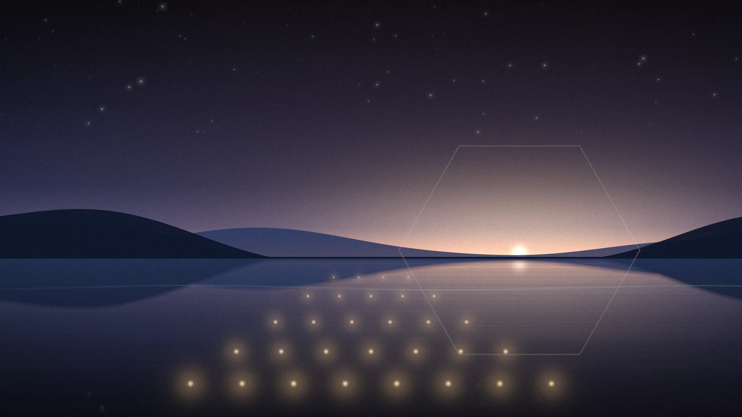 Amanecer sobre un lago en calma, con treinta pequeñas luces en la orilla y un hexágono tenue alrededor del sol naciente.